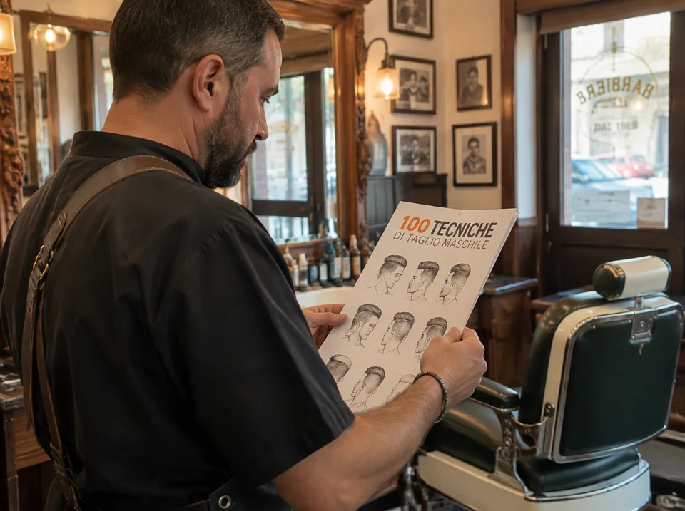Un barbiere italiano consulta la guida stampata nella sua barberia