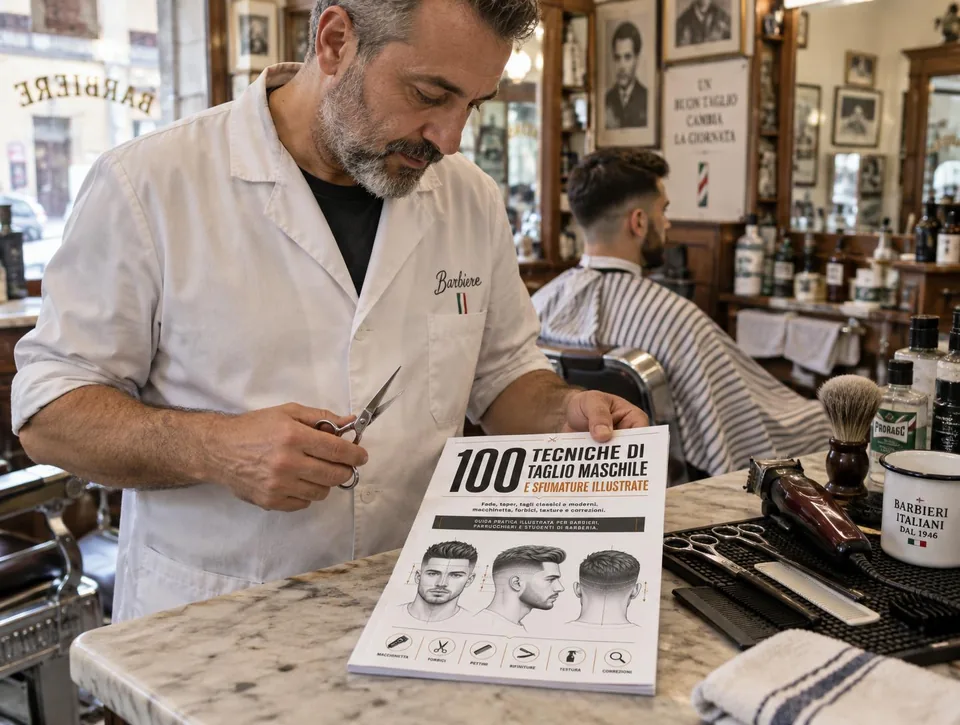Un barbiere in camice bianco consulta la guida stampata in formato A4 sul banco di una barberia
