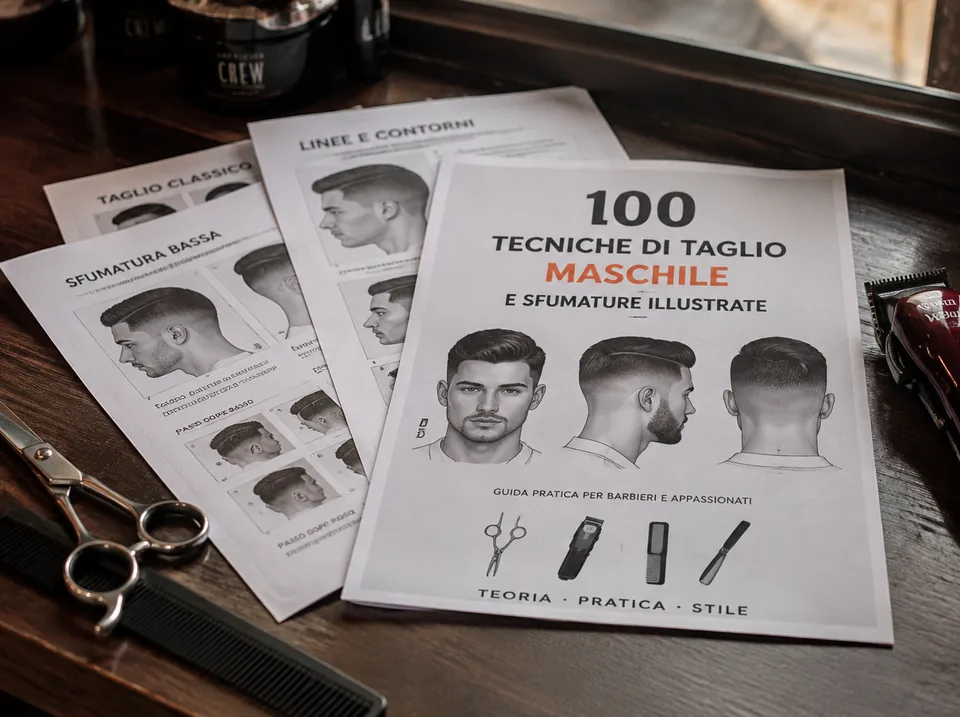 Schede della guida stampate in formato A4 sul banco di una barberia