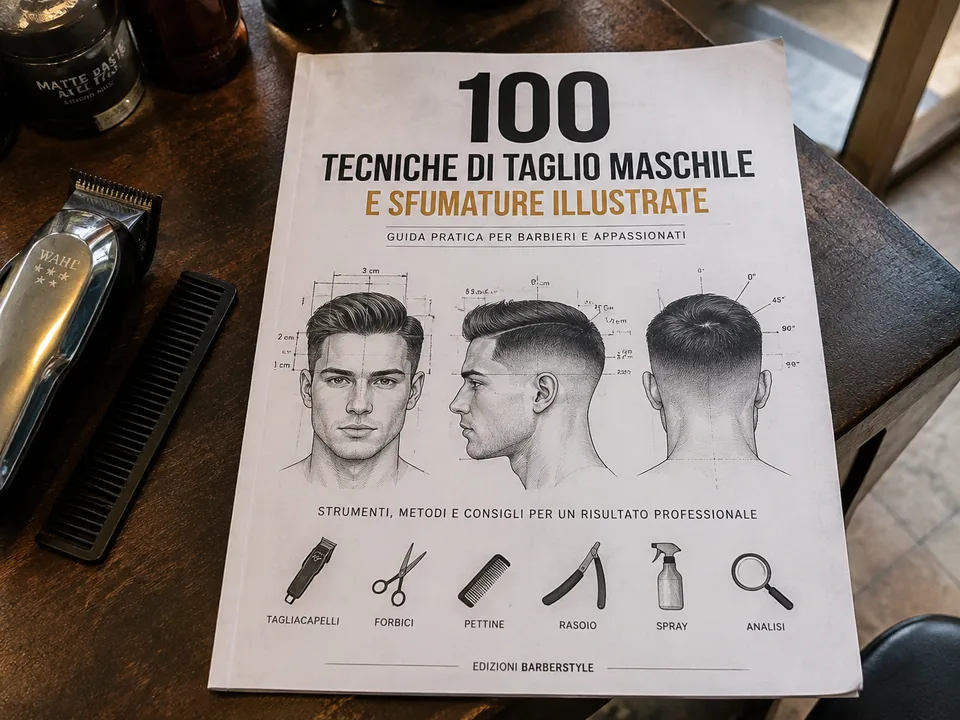 Copertina della guida stampata in formato A4 sul banco di una barberia