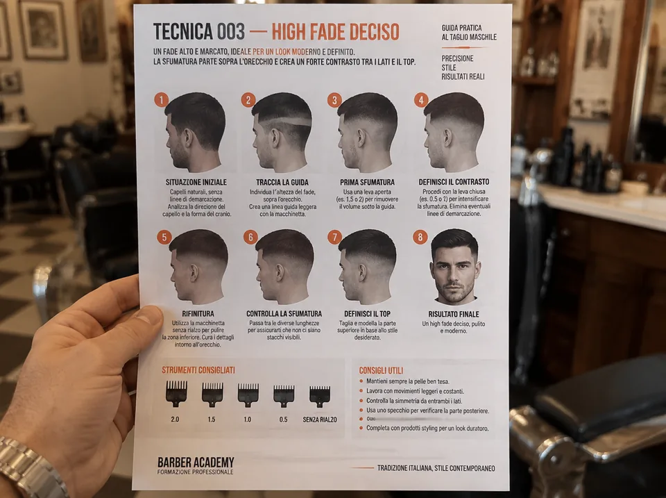 Una mano tiene una scheda A4 con una tecnica di taglio illustrata