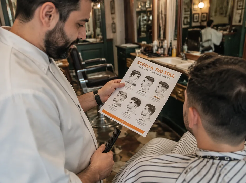 Un barbiere mostra la scheda stampata a un cliente in poltrona